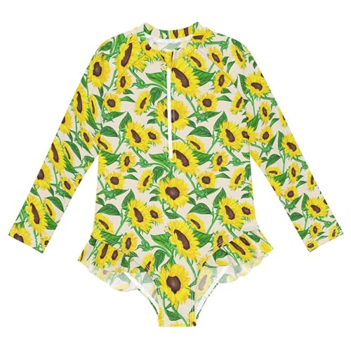 Sunflower Flower Girls Long Sleeve Rashguard Swimsuit UV Protection One-Piece Swimwear Bathing Suit B0404511