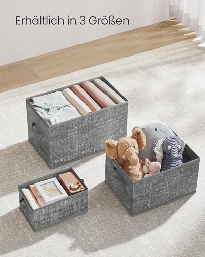 SONGMICS Aufbewahrungsbox 3er Set, zusammenklappbar, Stoffboxen aufbewahren, 30 x 20 x 15 cm, für Kleiderschrank, 2 Griffe, Etikette, für Schlafzimmer Wohnzimmer, schilfgrau ROB415G01