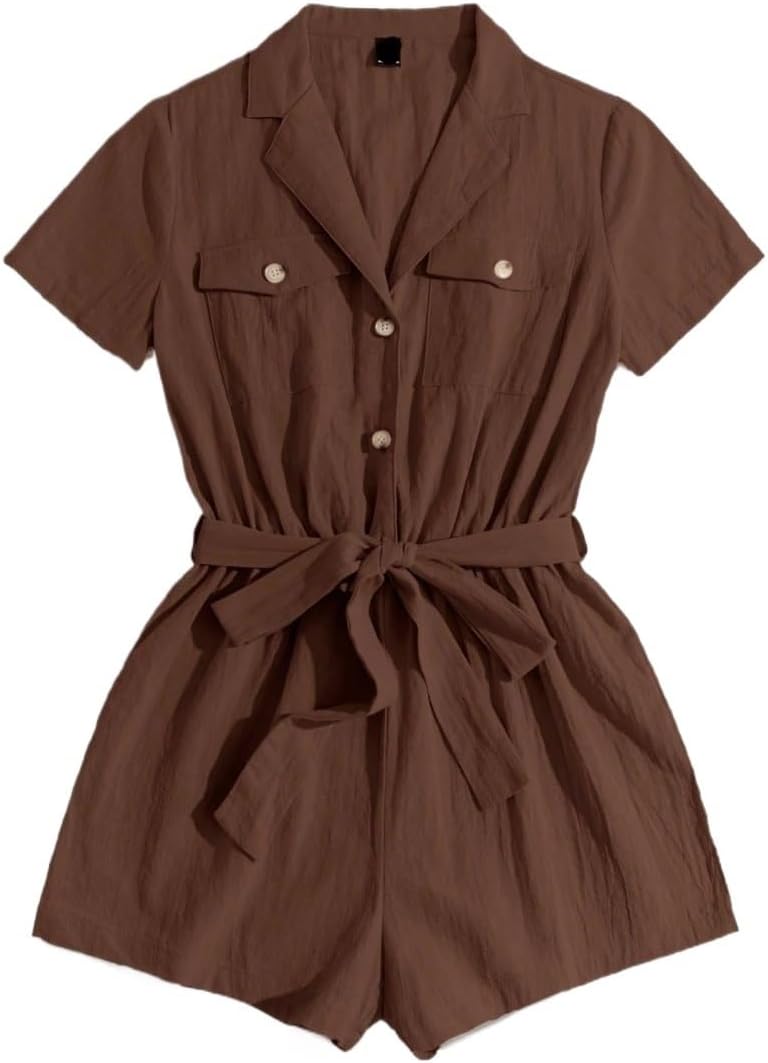 Rompers for Women Summer 2026 Front Button Belted Casual Short Sleeve Jumpsuit