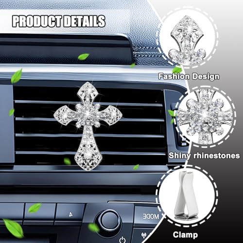 Image of Bling Cross Car Air Vent Clip, Crystal Rhinestone Sparkling Vehicle Air Conditioner Outlet Clamp Charm, Dazzling Diamond Automotive Vent Decoration Clip, Universal Fit (Silver)