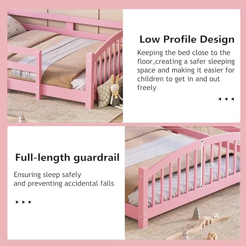 Image of Bellemave Twin Size Kids Montessori Floor Bed,Twin Size Floor Bed Frame with Slats and Safety Guardrail,Solid Wood Montessori Bed for Girls Boys,Pink