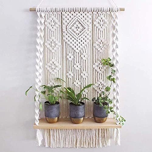 TANIO Tassel Tapestry Rack Handmade Bohemian Wall Hanging Shelf,Macrame Wall Hanging Holder Hanging Bohemian Shelf Tapestry,Woven Tapestry Rack Wood Shelf Tapestry for Living Room Bathroom