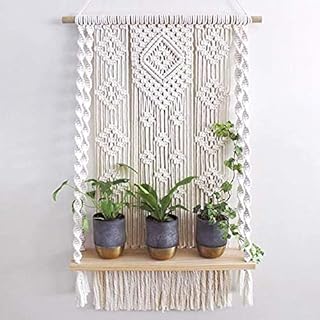 TANIO Tassel Tapestry Rack Handmade Bohemian Wall Hanging Shelf,Macrame Wall Hanging Holder Hanging Bohemian Shelf Tapestry,Woven Tapestry Rack Wood Shelf Tapestry for Living Room Bathroom