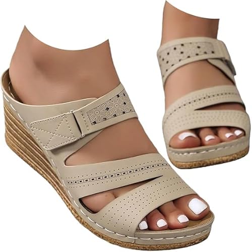 Comfortable 2026 Women's Wedge Sandals Slip-On Mid Heel Espadrilles Open Toe Casual Platform Shoes Beach Wedding (Apricot,25.5 c