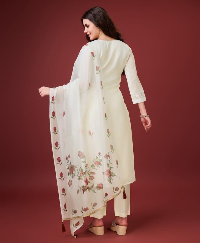 Image of MOJILAA Women Off-White Chanderi Silk Embroidered Chikankari Kurta With Pant & Dupatta | Chanderi Silk Salwar Suit | Chikankari Suit | Beads & Stones Kurta Set | Straight Salwar Kameez