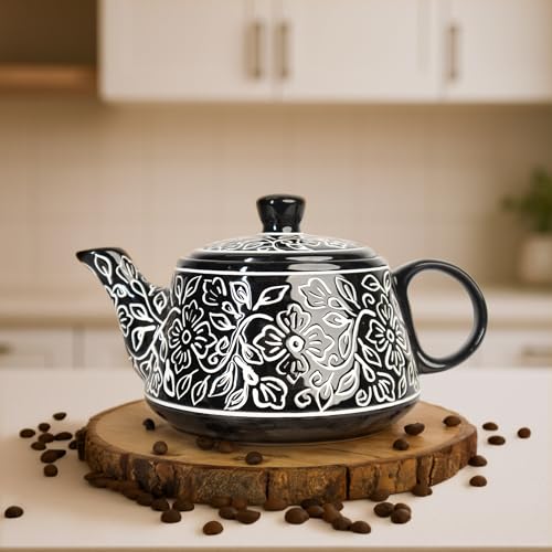 Image of 'Black Mughal' Premium Ceramic Tea Cup Set with Kettle & 6 Cups | Floral Printed Ceramic Cup with Teapot | Handcrafted, Microwave & Dishwasher Safe | Tea Serving Set for Home, Office & Gifting