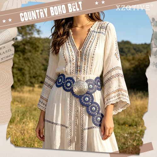 Image of XZQTIVE Western PU Leather Belts for Woman Concho Cowgirl Cowboy Disc Belt for Ladies Wide Boho Country Waist Belts for Dress