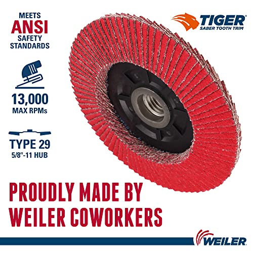 Image of Weiler 50121 4-1 /2 inch Tiger Ceramic Abrasive Flap Disc,Conical (Ty29),Trimmable, 40C, 5 /8 inch-11 UNC Nut