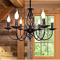 JIINOO Lámpara de Araña de Estilo Tradicional Country, Lámpara de Techo de Hierro Forjado con Vela Ajustable en Altura Vintage, 6 Luces Farmhouse Classic Lámpara Colgante para Cocina Sala de Estar