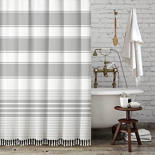 LIVUCEE 72"X72" Farmhouse Rustic Classic Shower Curtain Set Grey and White Stripe Curtains with Tassels for Home Bathroom Decorations Waterproof Durable Polyester 12 Hooks