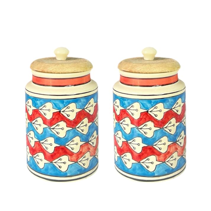 Image of Airtight Ceramic Jars (Pack of 2) - 900ml Each - Wooden Lid - Kitchen Containers for Sugar, Tea, Salt, Pickles, Pulses & More