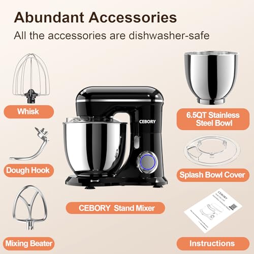 Image of CEBORY 3-IN-1 Electric Stand Mixer, 6.5QT Bowl 660W 10-Speed Kitchen Mixer, Household Food Mixers include Dough Hook, Beater and Whisk, Bread Cake Mixer for Baking and Most Home Cooks, Black