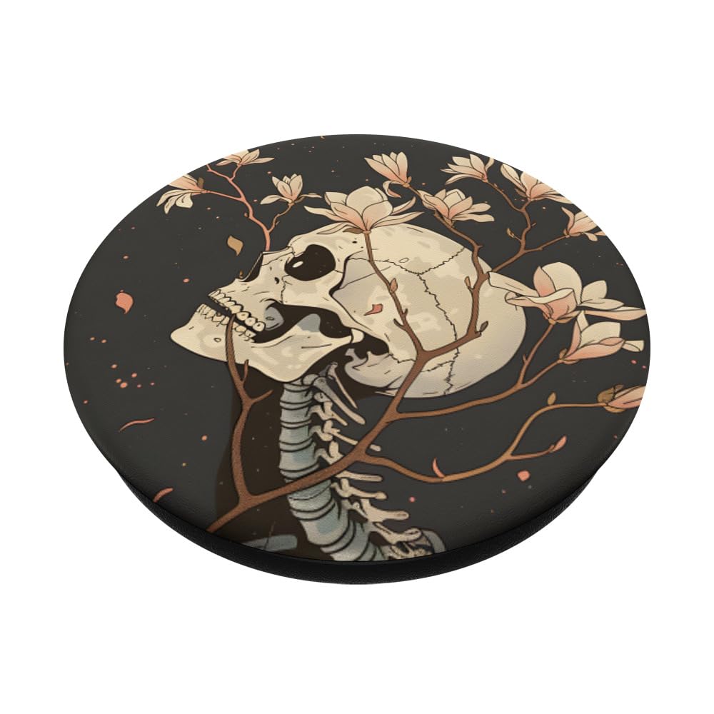 Creepy Floral Magnolia Flower Bouquet Skeleton PopSockets Swappable PopGrip, Black - Image 2