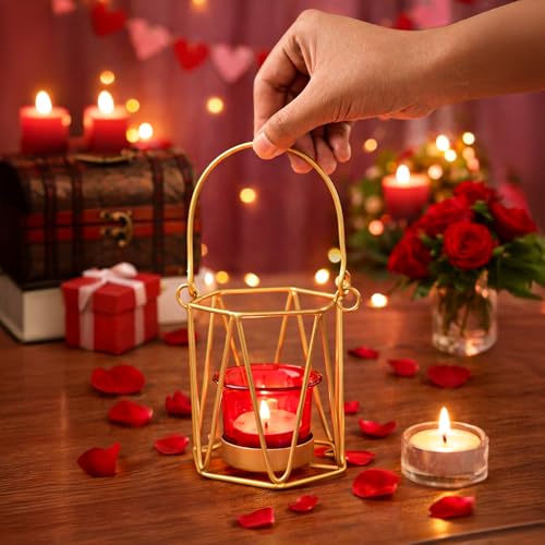 Image of MARKET 99 Iron & Glass Single T-Light Holder | Romantic Cylindrical Tealight Candle Stand for Valentine's Day Decor & Gifting | Diwali, Christmas, Birthday & Wedding Decoration | Red & Golden Matte