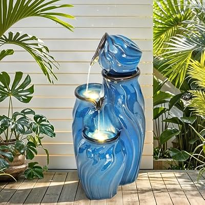Ultym 29" Ceramic Outdoor Fountain with Lights, 4-Tier Pots Waterfalls Patio Water Fountain, Tranquil Oasis for Relaxing Garden, Yard, or Porch Decor, Turquoise, Dynamic Wave-Texture