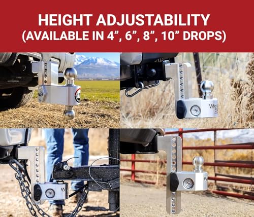 Weigh Safe Adjustable Trailer Hitch Ball Mount - 8" Drop Hitch for 2" Receiver w/ 2 pc Keyed Alike Lock Set, Premium Aluminum Trailer Tow Hitch w/ Built in Weight Scale for Anti Sway, 12,500 lbs GTW