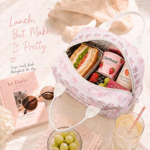 Image of LOVELYWIND Lunch Box for Women, Insulated Lunch Bag, Pink Floral Tote