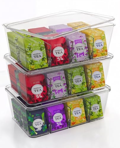 Utopia Home Tea Bag Organizer with Lids – 3 Pack Stackable Pantry, Cabinet & Fridge Storage Organizer for Kitchen, Snacks & Spices