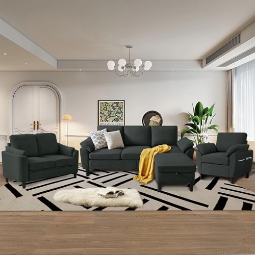 Chireca 4 Piece Convertible Sectional Sofa Set, Modern Linen Small L Shaped Couch with Reversible Chaise, 3-Seater Sofa & Loveseat & Armchair for Living Room, Office, Apartment, Black