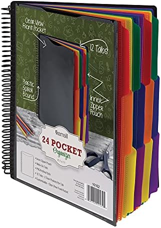 Samsill 24 Pocket Spiral Project Organizer with 12 Dividers, Customizable Front Cover, Erasable Write On Tabs in Assorted Colors, Plastic Folders with Pockets