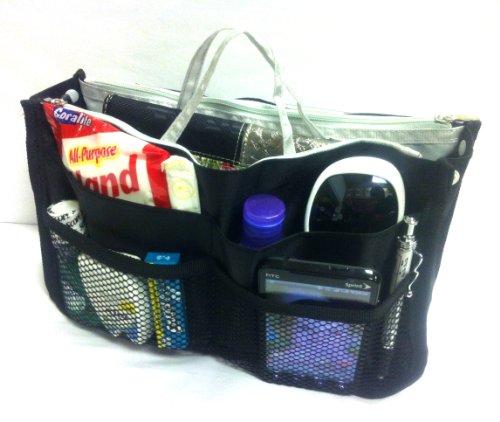 Marley Black with Grey Interior Handbag Purse Travel Cosmetic Make-Up Tote Travel Bag Organizer Insert Dimensions: L 11” x H 7” x W 1”; Expanded Dimensions: L 11" xH 7" xW 3"