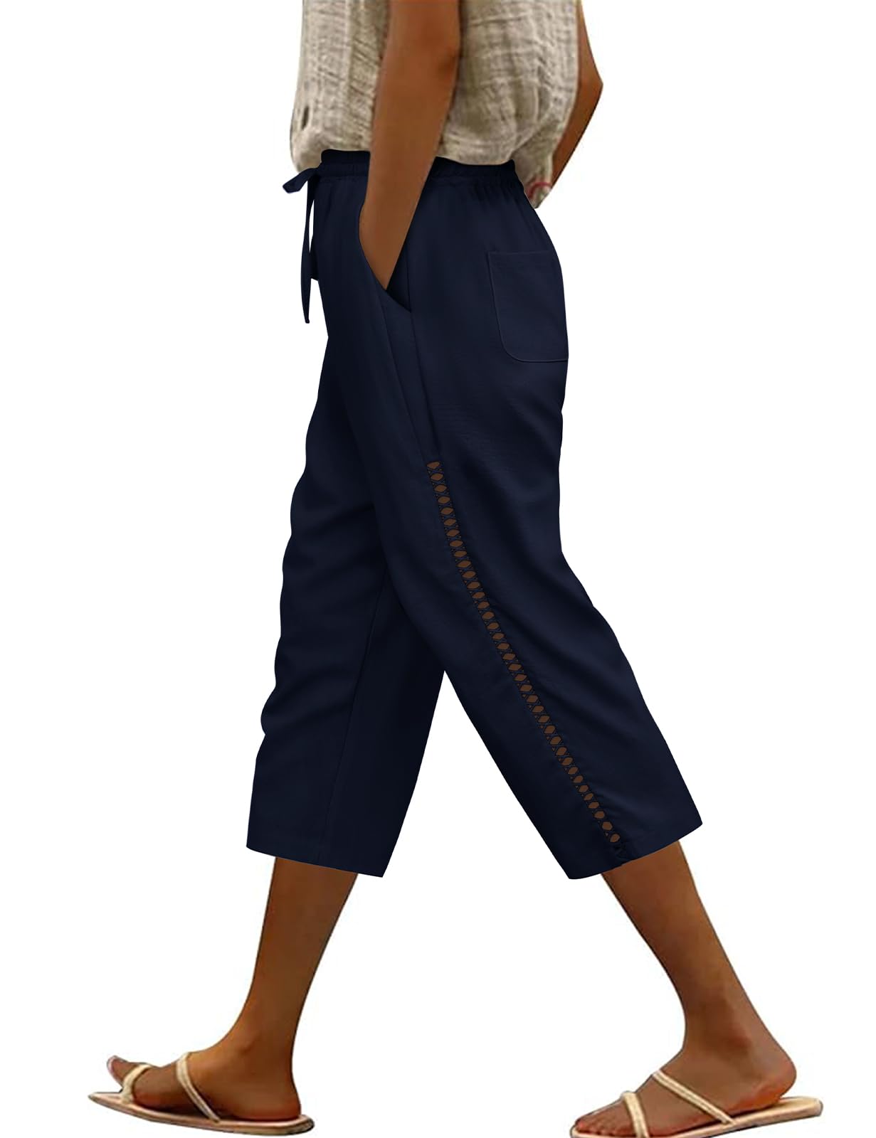 Voqeen Pantalon Lino Mujer Cintura Elástica con Cordón Pantalones Anchos 3/4 Pantalon Fluido con Bolsillos Pantalones Palazzo Casuales Pantalones Cortos De Playa De Verano