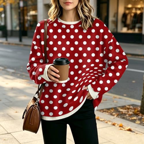 Womens Crew Necks Sweatshirts Knit Long Sleeve Polka Dot Sweatshirts - image 5