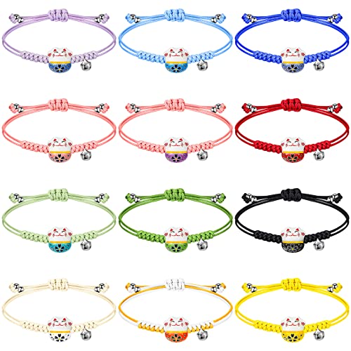 Kigeli 12 Pcs Lucky Cat Bracelets Cute Maneki Neko Bracelet Adjustable Fortune String Feng Shui Bracelet Lucky Cat Ceramic Beads Bracelets with Bell for Women