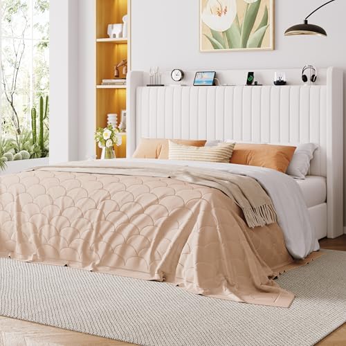 Image of Allewie King Size Lift Up Storage Bed Frame,Storage Shelf Headboard with Charging Station,Type-C and USB Ports,Hydraulic Support,Velvet Upholstered Bed Frame,No Box Spring Needed,White