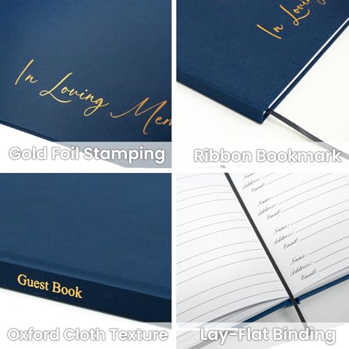 Image of Funeral Guest Book for Memorial Service, in Loving Memory 9x7.5 | 330 Entries, Table Sign Card Included, Gold Stamping, Oxford-Textured Paper Cover, Minimalist Design, Beige