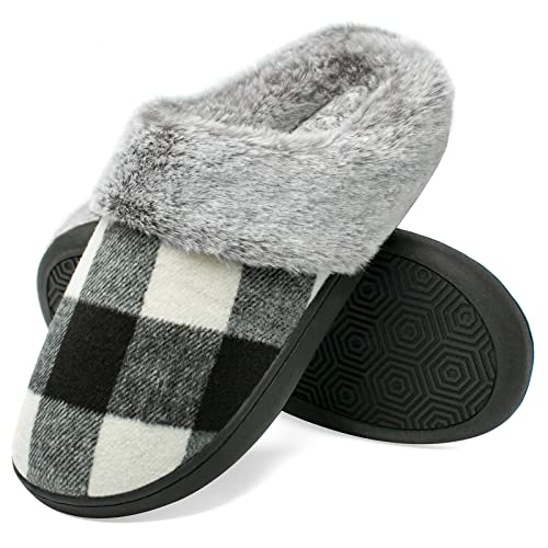 House Slippers for Women Indoor and Outdoor Memory Foam Fuzzy Slippers Bedroom Buffalo plaid Slip-on Shoes Christmas Gift