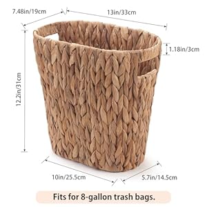 Bathroom Trash Can, Handwoven Wicker Trash Can with Handles for Bedroom, Living Roon, Kitchen, Bathroom and Office, Water Hyacinth Wicker Waste Basket, 1 Pack, 13"L x 7.5"W x 12.2"H, 3.2 Gallon Bathroom Trash Can Handwoven Wicker Trash Can with Handles for Bedroom Living Roon Kitchen Bathroom and Office Water Hyacinth Wicker Waste Basket 1 Pack 13L x 75W x 122H 32 Gallon