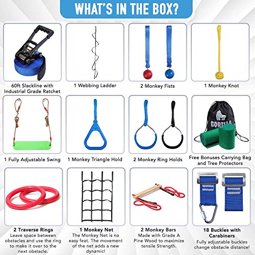 Ninja Warrior Obstacle Course for Kids - 60' Ninja Slackline Kit 13 Obstacles – Ninja Obstacle Course for Kids Backyard – Ninja Warrior Training Equipment for Kids Monkey Bars, Monkey Ladder
