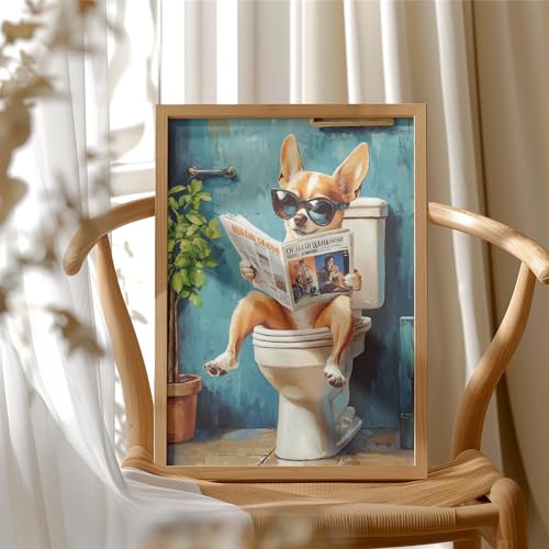 Image of Chihuahua on Toilet Wood Framed Wall Art Print Poster, Dog Bathroom Humor Decor Posters Prints for Restroom Home Picture Painting Artwork Gallery 7 (Chihuahua, 10 inchL x 8 inchW Wood Frame)