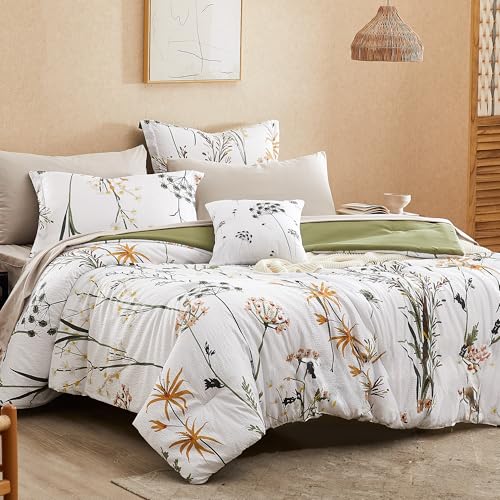 CASAAGUSTO King Comforter Set 7 PCS White & Green Dandelion Plant Comforter Set with Flowers Leaves Pattern Soft Seersucker Design All Season Bedding Set(102"X90")