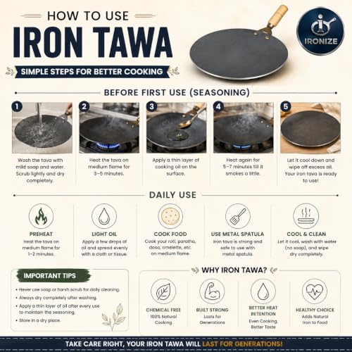 Image of IRONIZE Pure Iron Roti Tawa with Wooden Handle| 1kg | Heavy Duty Chemical-Free Iron Cookware | Even Heat Distribution | Ideal for Roti, Chapati, Paratha, Dosa & Omelette | Available in 1kg to 2kg