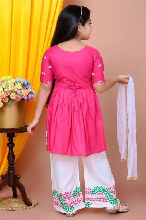 Image of Girls' Traditional Printed Kurti with Palazzo and Dupatta Set, Pink and White, Floral Design