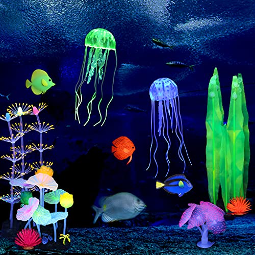 Image of Lpraer 11 Pcs Glow Aquarium Decorations Coral Lotus Leaf Anemone Seaweed Floating Fish Jellyfish Glowing Effect Silicone for Fish Tank Decorations