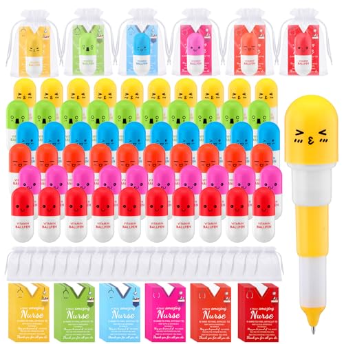 Poola Voidra 120Pcs/60 Set Nurse Appreciation Gifts Nurse Pharmacy Pill Pens Retractable Vitamin Capsule Pens with Card and Organza for Medical Pharmacist Coworkers Office Lovely Smiling Face