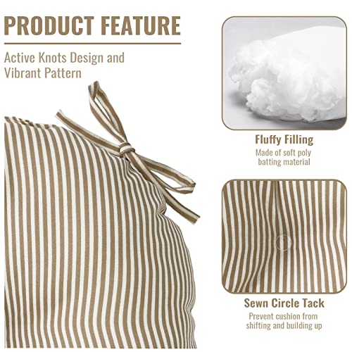 Twlear Outdoor Bistro Chair Cushion With Ties, Tufted Patio Chair Cushions Set Of 2, Round Seat Cushion 15”X15”X4” For Home Garden Balcony Office Porch Lawn Deck, Stripe Beige #TOP3