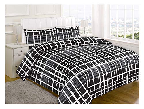 100% Brushed Cotton Black Check Design Flannelette Duvet Cover Quilt Winter Bedding Bed Sets with Pillowcases - Single Size, Black