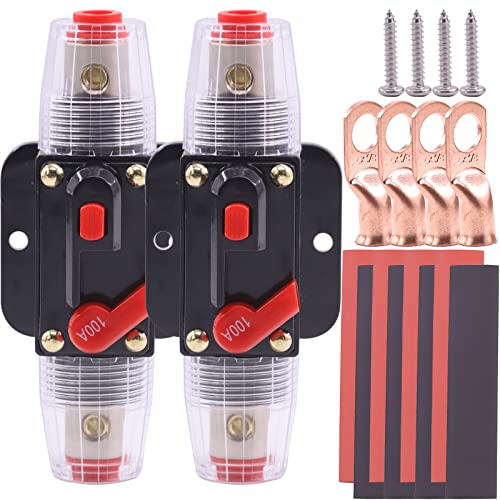 Glarks 18Pcs Audio Inline Circuit Breaker Set, 2Pcs 100A Resettable Fuse Holder and Installation Screws, Copper Wire Ring Lugs, Heat Shrinking Tube for Automotive Marine Boat Audio Stereo Switch
