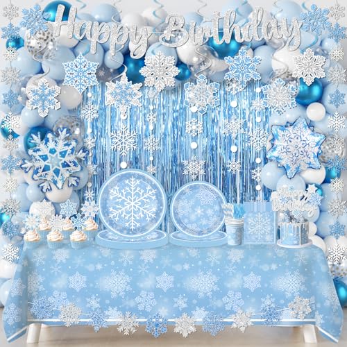 Winter Wonderland Decorations,286pcs Winter Birthday Decorations Snowflake Plates and Napkins