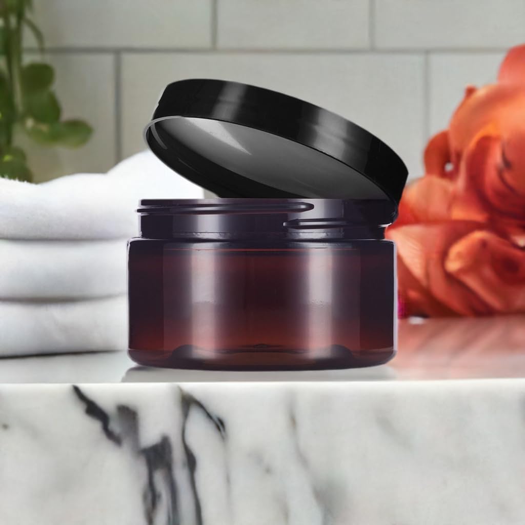 8 oz Amber PET Plastic Refillable Low Profile Jar Black Smooth Lid (12 pack)
