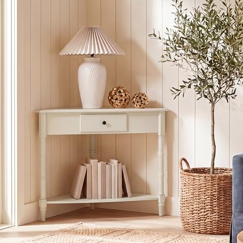 Image of SAFAVIEH Furniture - Gomez 1-Drawer Corner Table - Vintage Grey - Solid Wood - Classic Corner Storage Design - Ideal for Entryway, Living Room, Home Office, 33.1 inchW x 17.3 inchD x 28 inchH (AMH5709A)