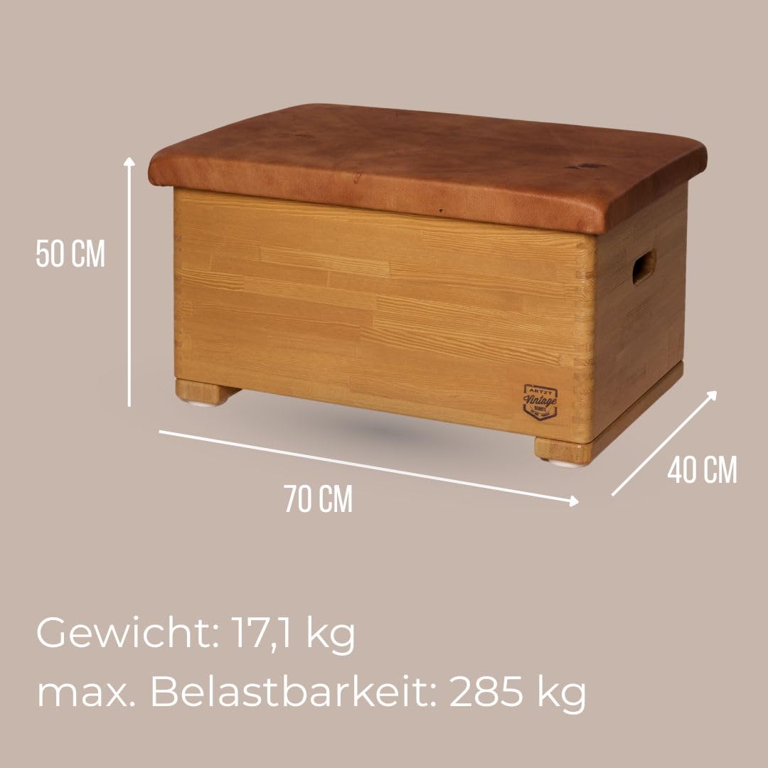 ARTZT Vintage Series Sprungkasten aus Nadelholz und Kernrindsleder | Turnkasten & Springbock für Sprungtraining | auch als Sitzmöbel | Made in Germany | 70 x 50 x 40 cm, 17,1 kg