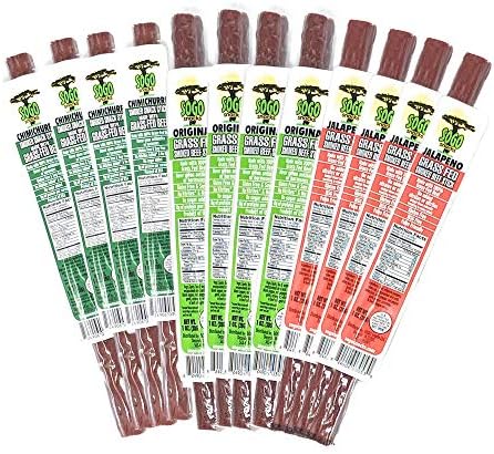 Sugar-Free Beef Jerky Variety Pack, 100% Grass Fed Beef Sticks. Non-GMO. No Added Nitrates, Gluten, Soy, MSG, Dairy or Nuts. Paleo, Whole30, Keto Snack. (4 Original, 4 Chimichurri, 4 Jalapeno, 12-Cnt)