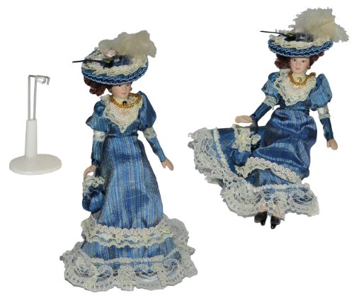 alles-meine.de GmbH Frau/Mutter - Puppe für Puppenstube Maßstab 1:12 - Porzellan Barock Kleid blau - Puppen mit echten Haaren - Biegepuppen Familie Biegepuppe Nostalgie Porzell..