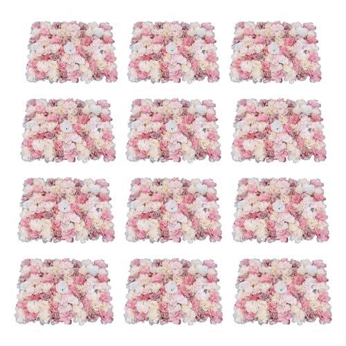 ATOLOMOTOR 12 paneles de pared de flores artificiales de 24 x 16 pulgadas, telón de fondo de pared de seda rosa 3D con dalia y hortensias, telón de fondo de pared para bodas, fiestas, eventos, fotos,