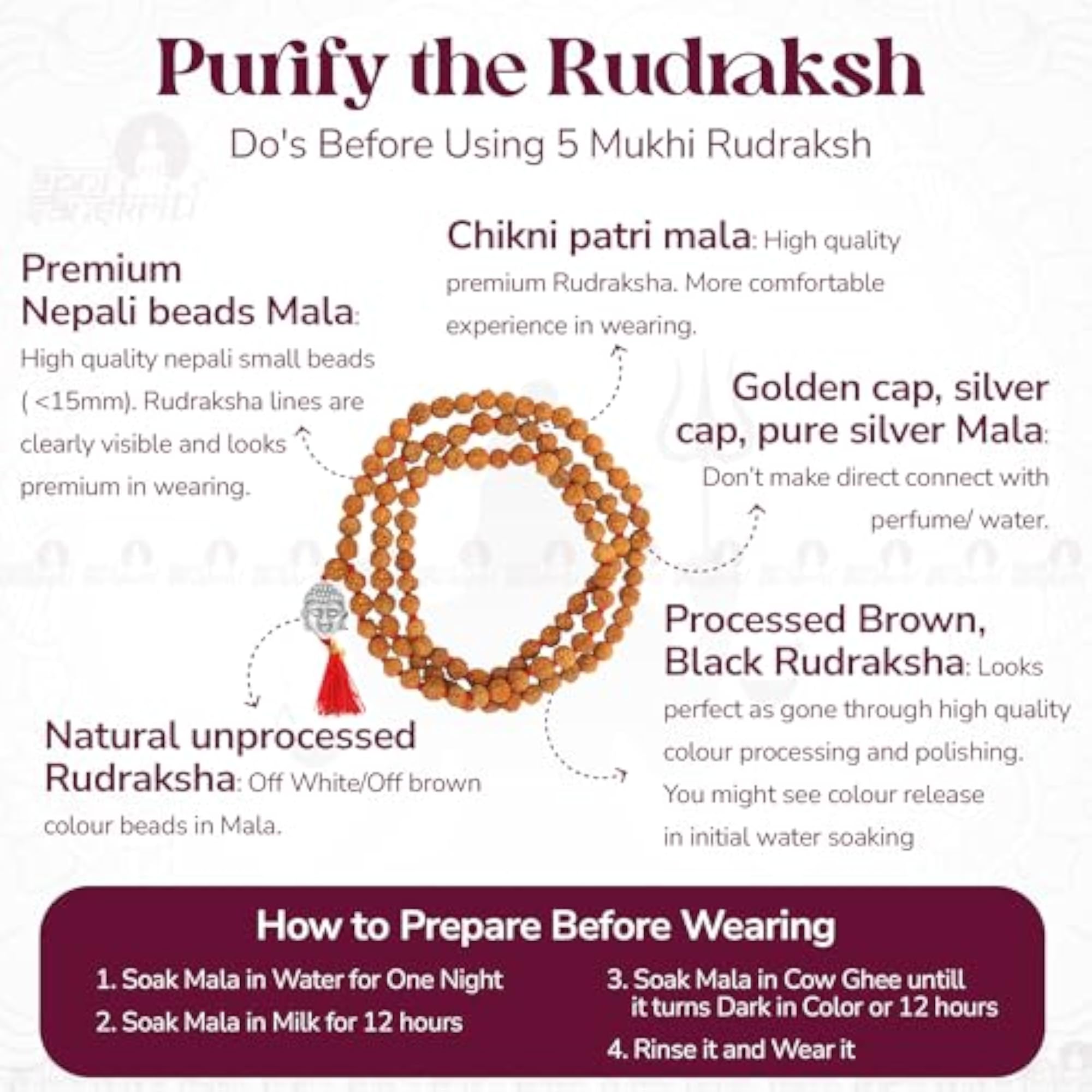 5 Mukhi Rudraksha Mala with Buddha Face for Men & Women